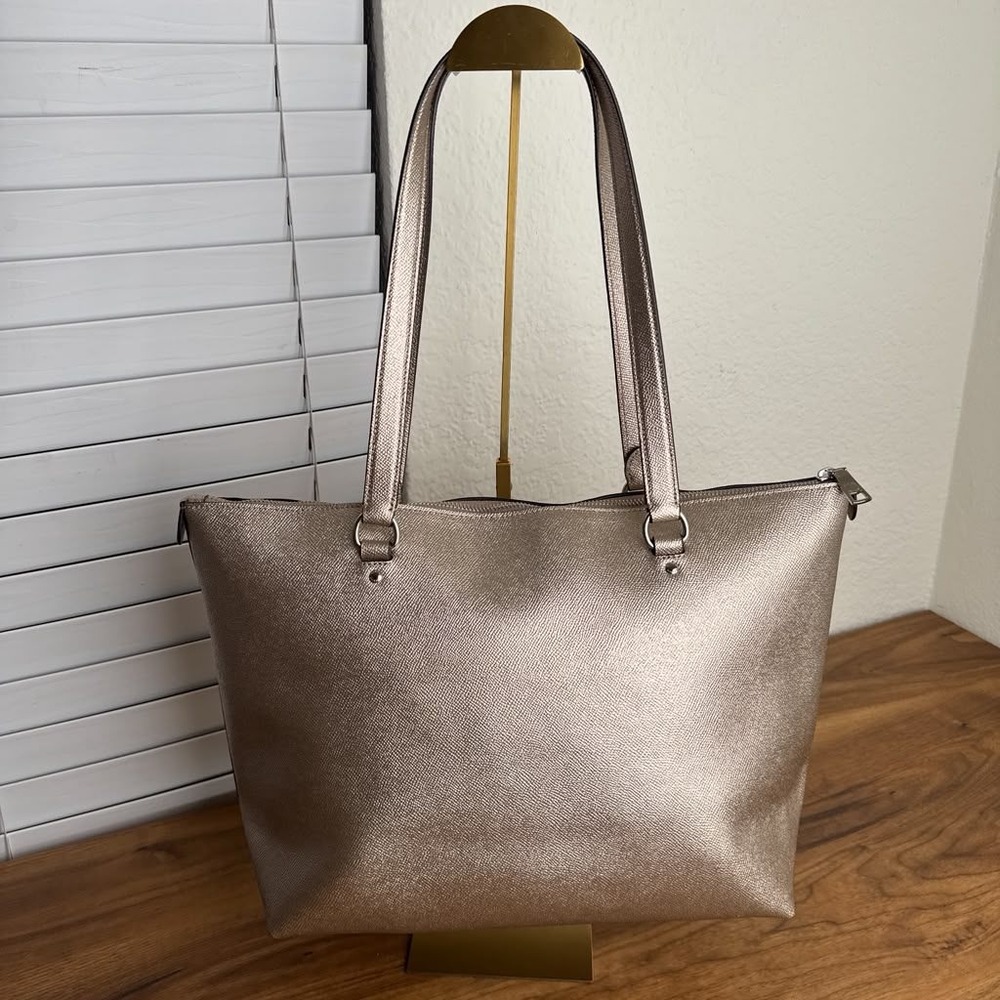 Coach Gallery Tote Bag Metallic Silver Gold Crossgrain Leather F87680 - Picture 3 of 14